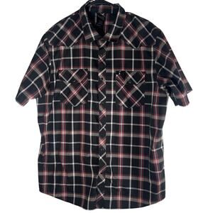 North Face Shirt Men XL Black Red Gray Plaid Snap Button Short Sleeve Western